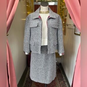 CHANEL Fantasy Tweed Jacket Gray and Metallic and Skirt Set